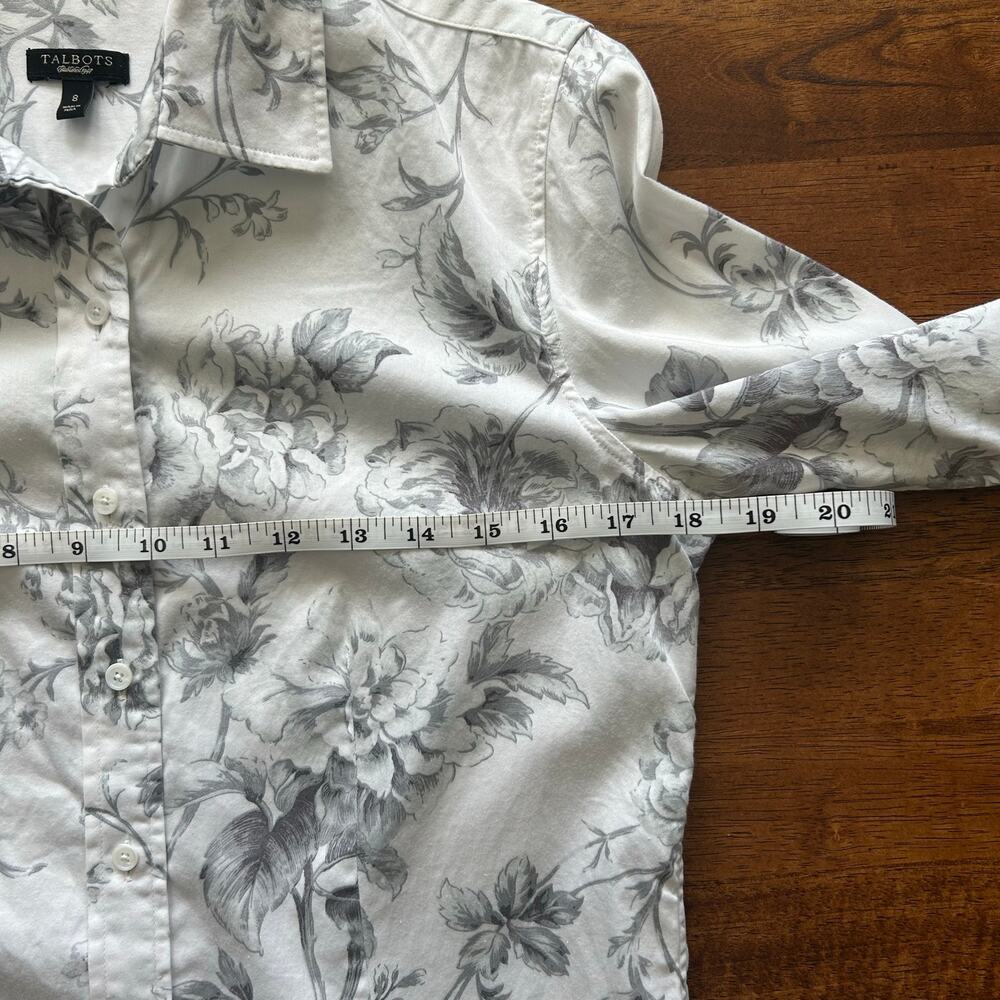 Talbots Size 8 Women’s Classic Tailored Button-Up, White with Gray Floral.” - Picture 9 of 10